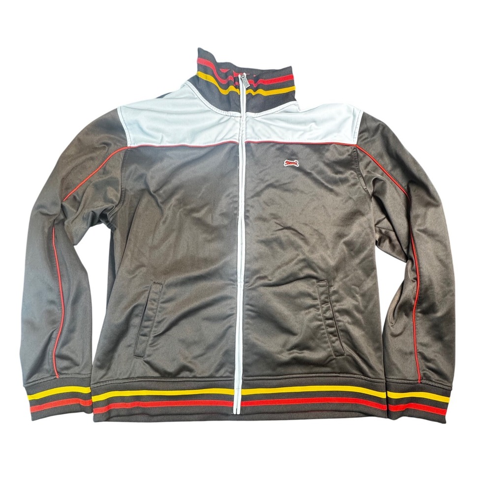 Le Tigre Mens Brown Colorblock Track Jacket Full Zip Striped Trim XL made i USA